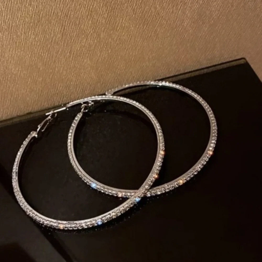 18k White Gold Cz Pave Large Hoops Earrings Diamond